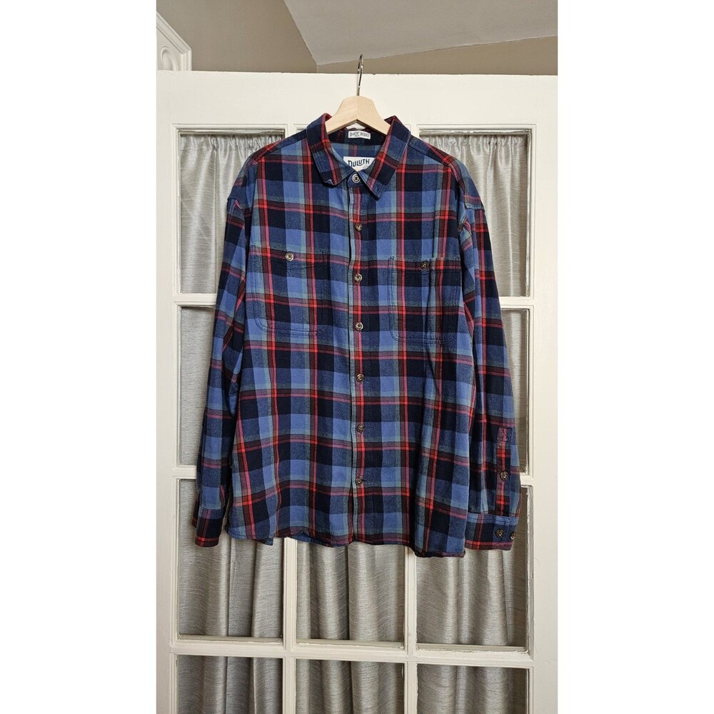 Duluth Trading Co. Free Swinging Relaxed Fit Flannel Untucked Blue Red Plaid XL